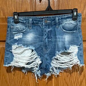 Forever 21 Womens M 30 Hi-Rise Distressed Destructed 2" Inseam Blue Jean Shorts